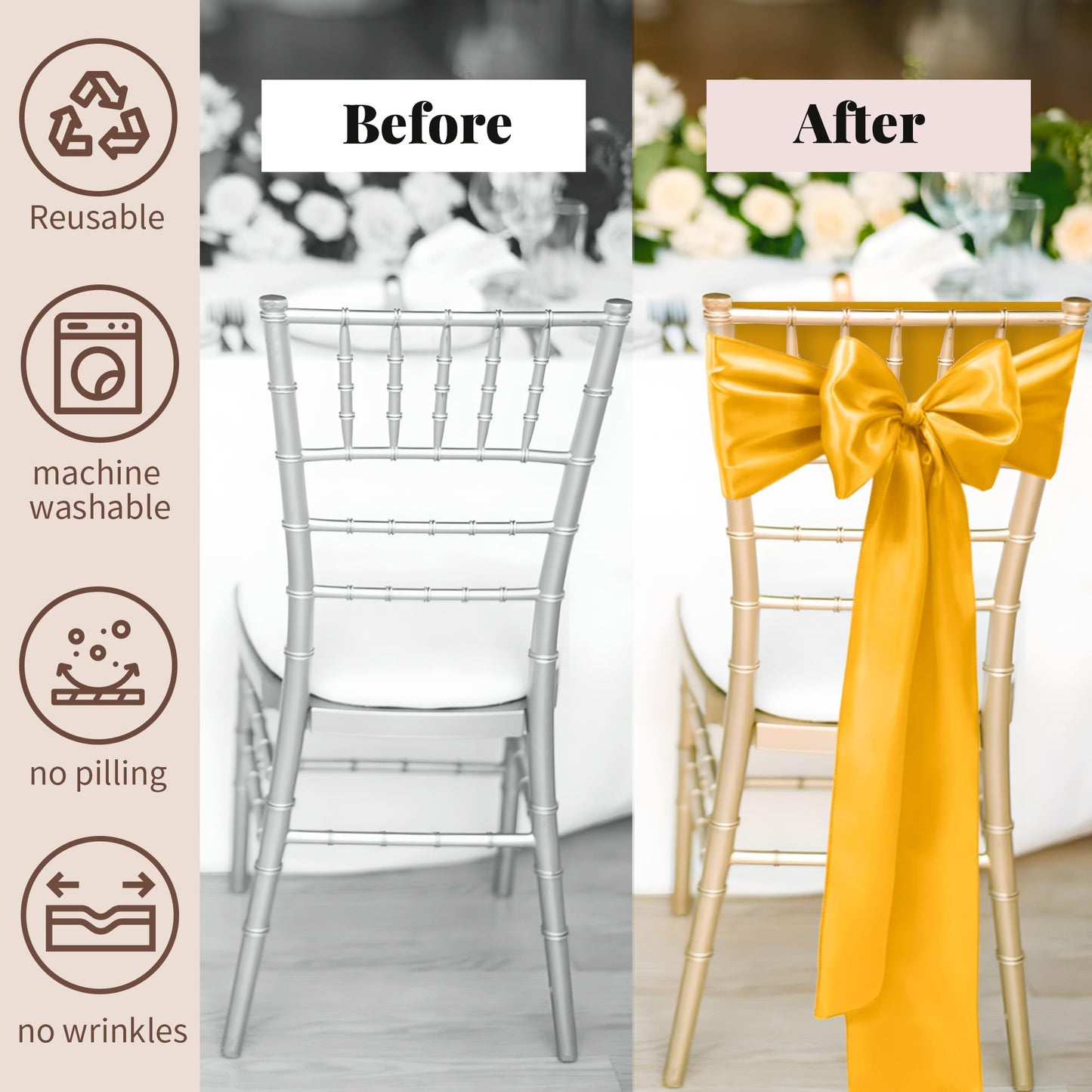 WASIRL Satin Chair Sashes Bows 50 pcs Chair Ribbon Sashes for Wedding Party Reception Events Banquets Hotel Event Chairs Decoration(Gold 7x108 inch)