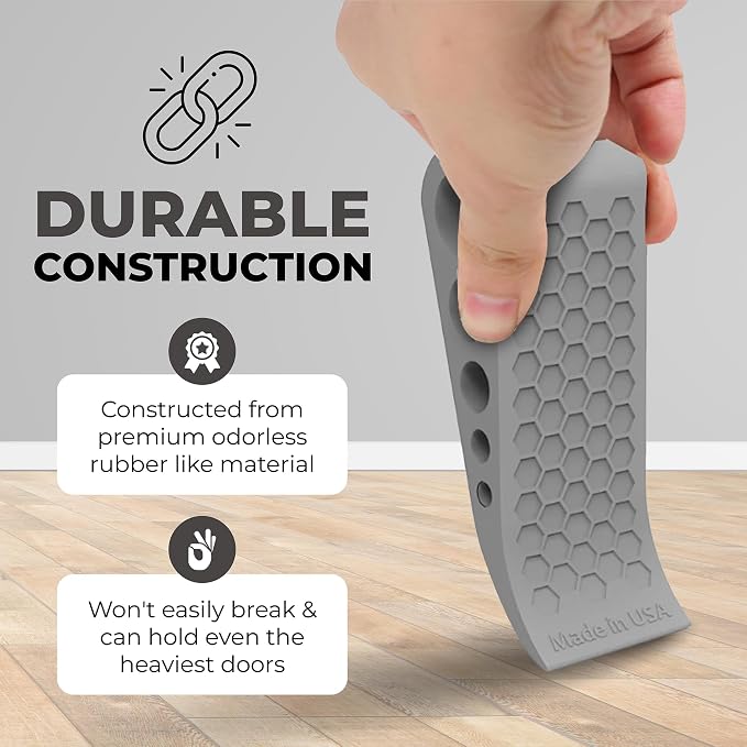 Door Stoppers for Bottom of Door Premium Floor Rubber Door Stop Wedge Made in USA Heavy Duty Honeycomb Design for Carpet, Tile, Ideal for Home, School, Commercial, Gray 6 Pack