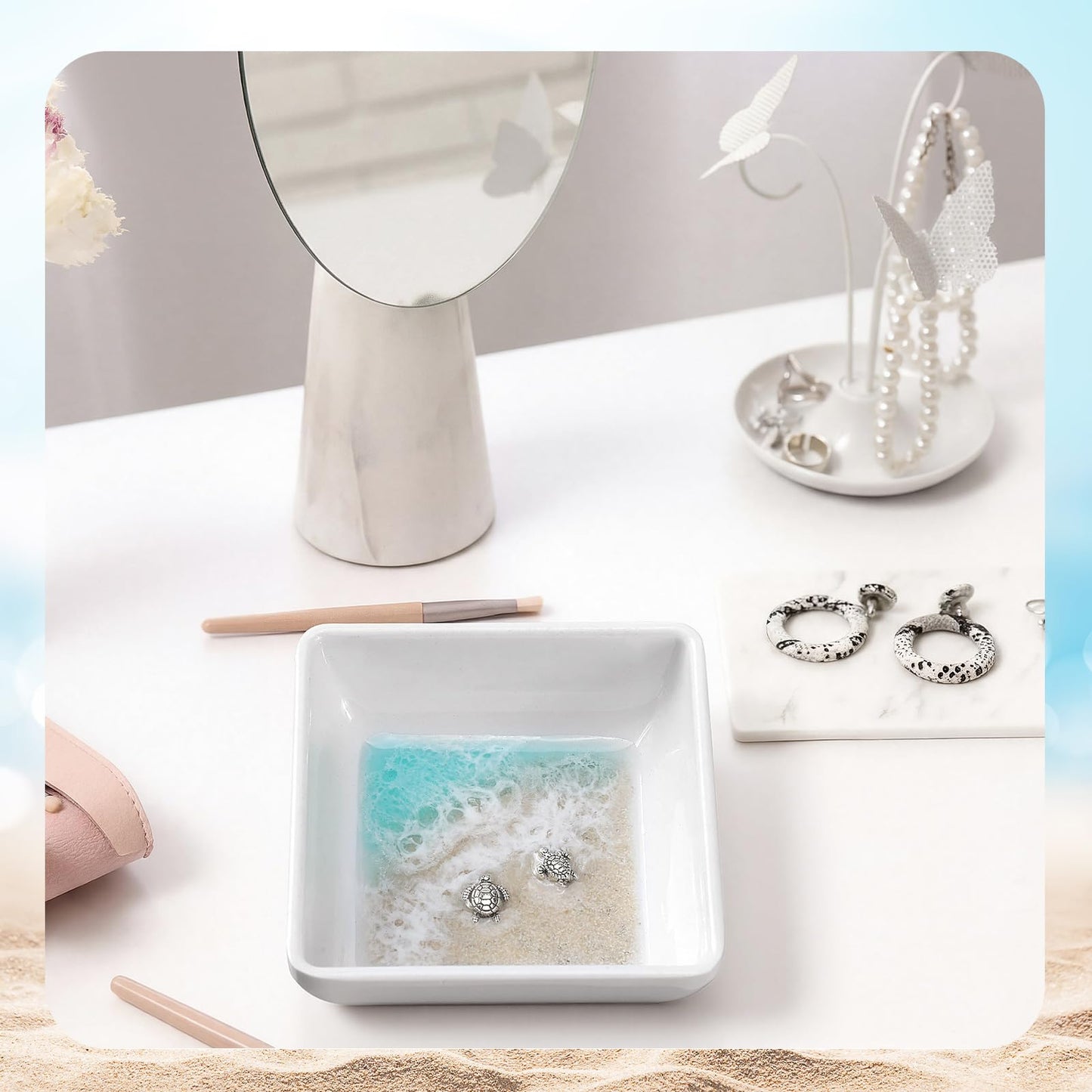 Novabright Handmade Ocean Resin Jewelry Tray Mini Turtle Square Ring Dish Jewelry Holder for Rings Earrings Engagement Gifts for Couples Birthday Gifts Ocean Beach Art Gift for Women
