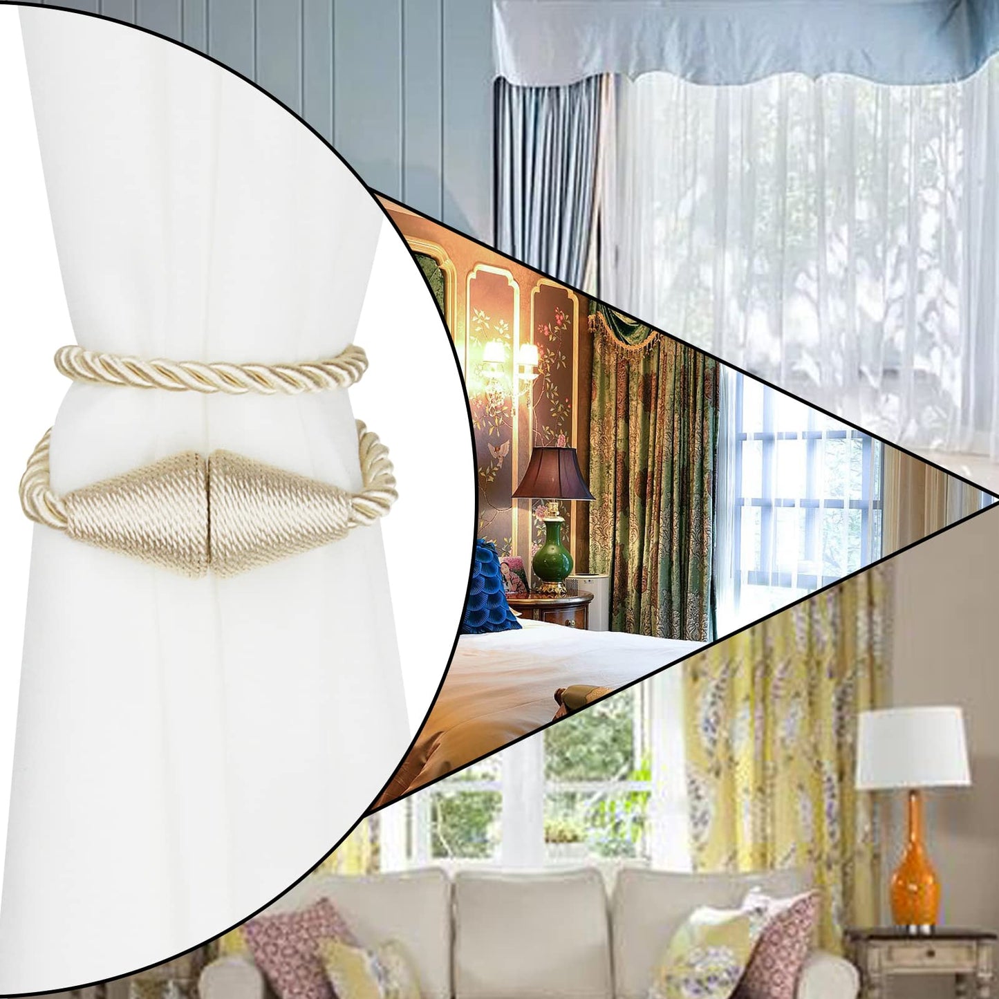 Nieffeiy 4 Pack Magnetic Curtain Tiebacks Rope Modern Handmade Curtain Tie Backs Decorative Drapes Weave Holdbacks for Window Décor, Beige