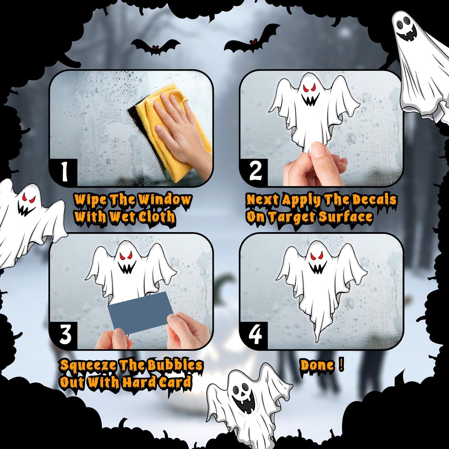 Halloween Window Decorations Decals Scary Skeleton Witches Window Stickers Double-Sided Bats Ghost Clings for Glass Removable Reusable Black Cat Static Decal for Indoor Outdoor Home Holiday Supplies