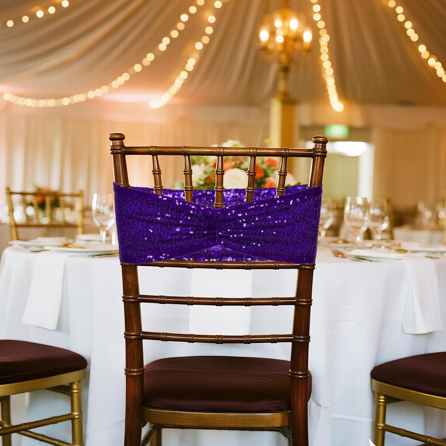 Poise3EHome Purple Sequin Chair Sashes,100 PCS Folding Chair Covers Bow for Halloween Wedding Party Reception Decorations