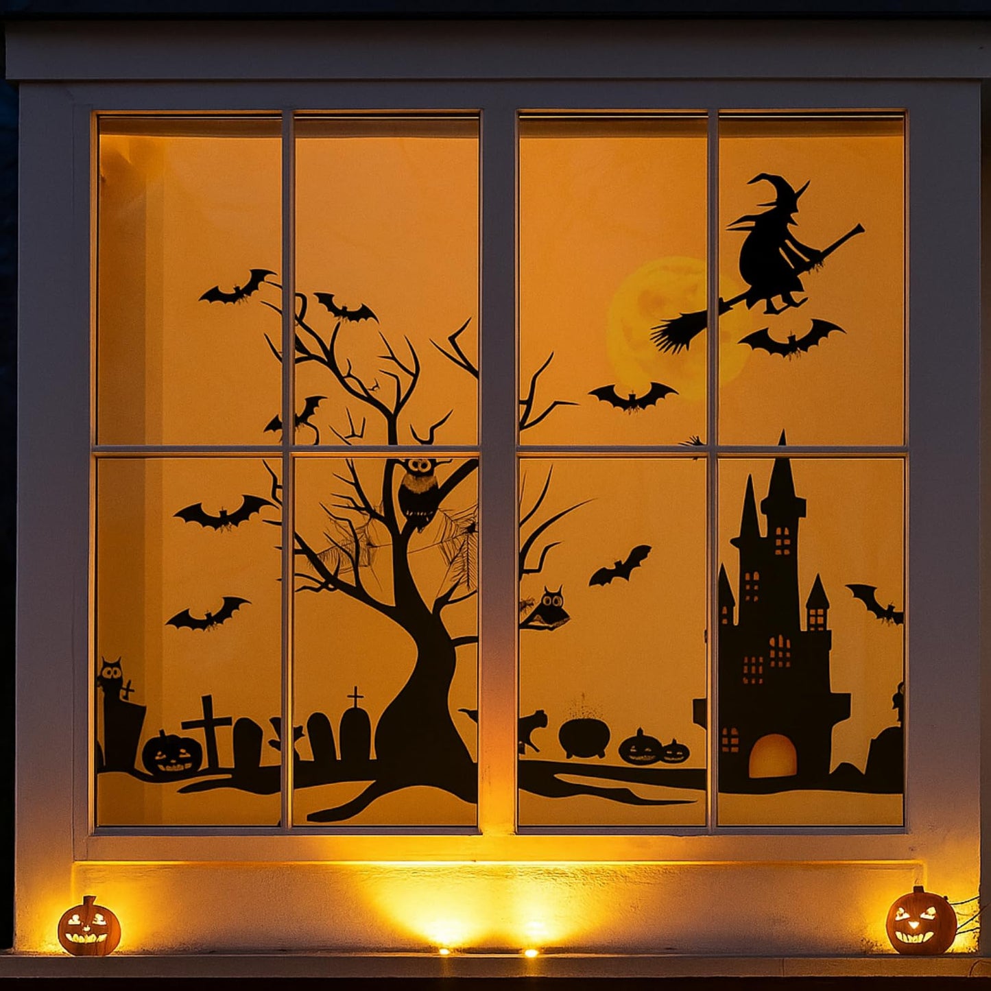 4 Sheet Halloween Window Decals Clings Decor Window Stickers Double Side Clings Decals for Party Decoration with Bat, Witch, Spider, Pumpkin for Halloween Spooky Holiday Fall Party Home Decor