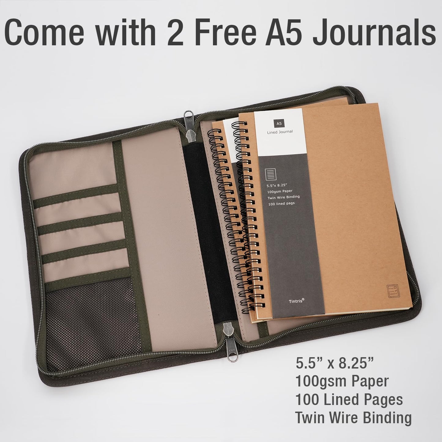 Tintris A5 YKK Zipper Journal Cover for 5.5 x 8.25 Moleskine Cahier Notebook Sketchbook, Classy Waxed Canvas Cover for A5 Planner with Pen Holder, also for 5 x 8 Legal pads, Water Resistant, Olive