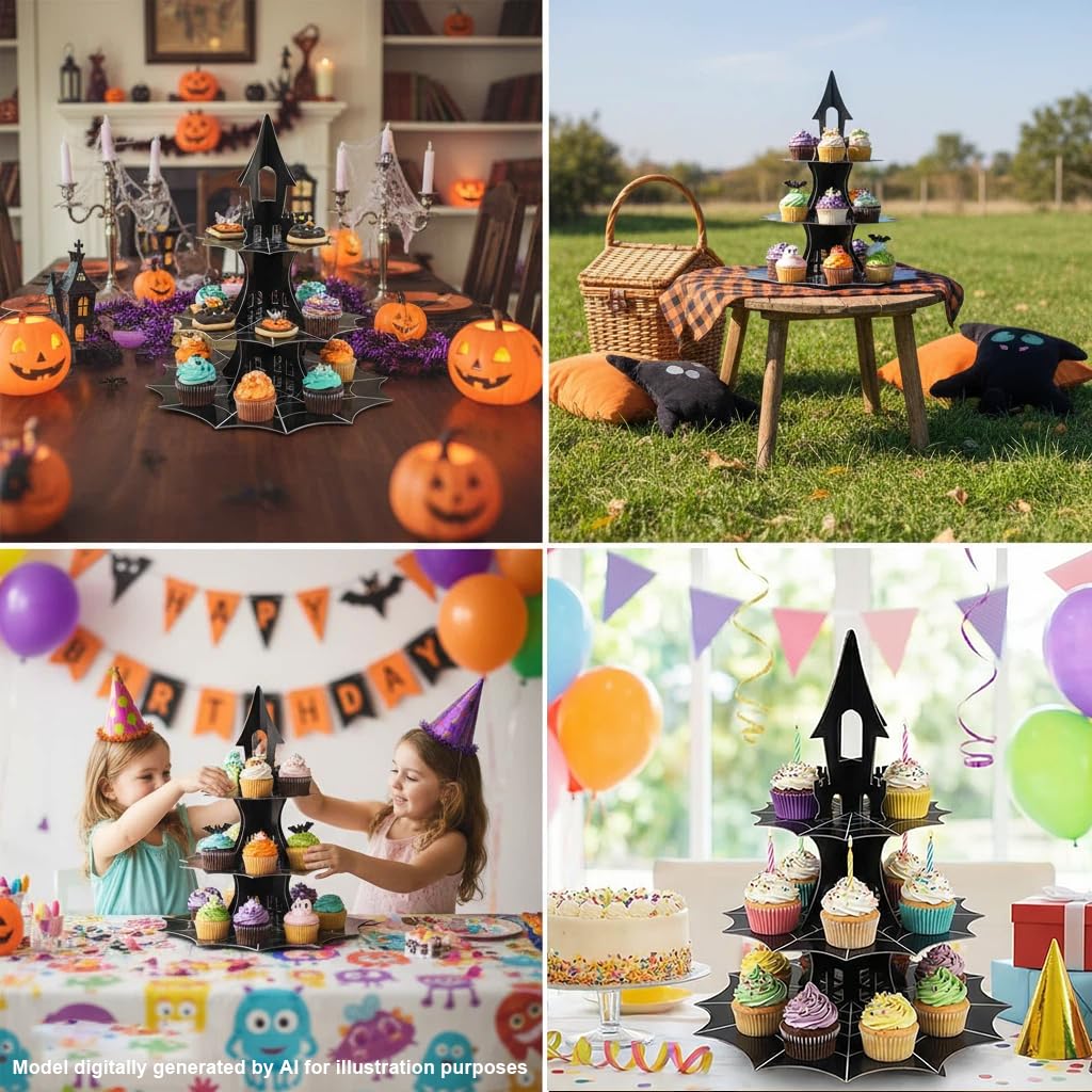 3-Tier Spider Web Cupcake Cardstock Stand - Haunted House & Ghost Theme Halloween Cool Hero skyscraper Party Serving Tray birthday party supplies