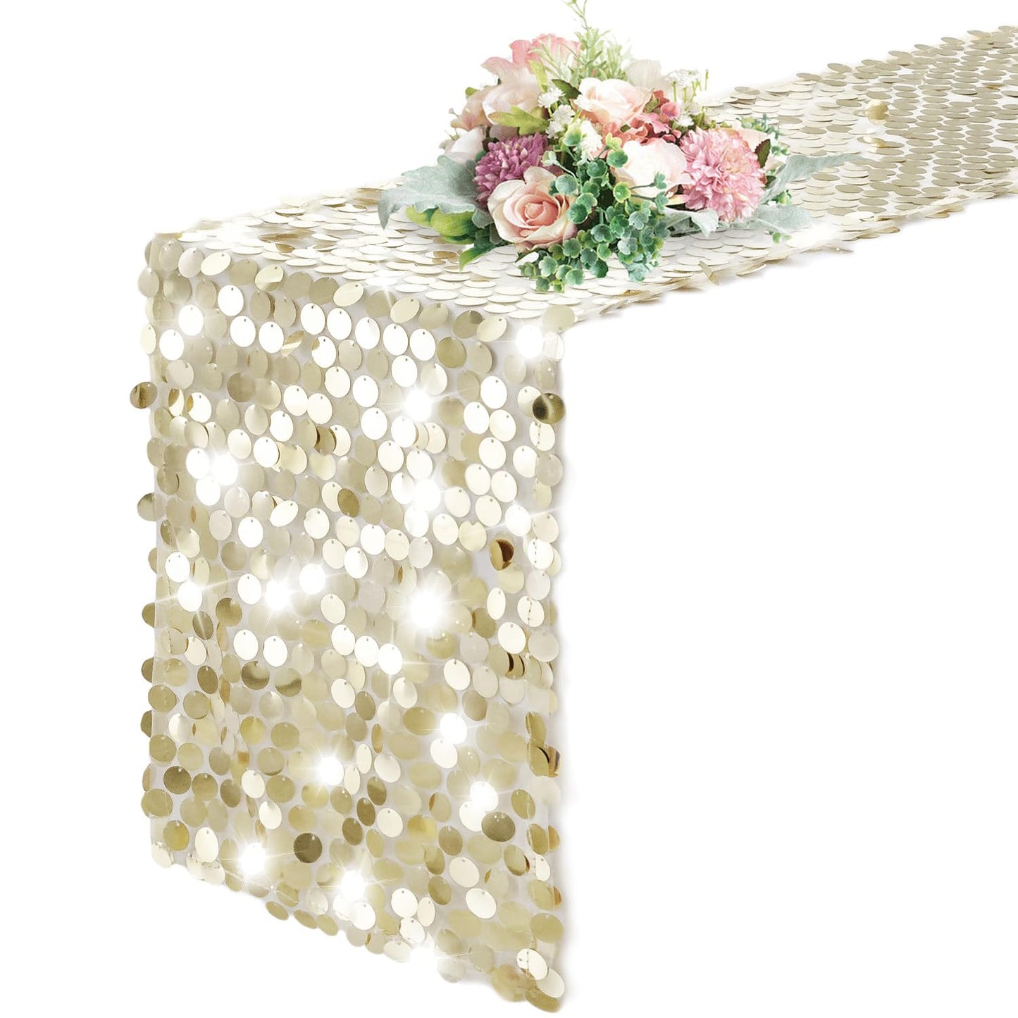 Pufogu 12 x 108 Inch Sequin Table Runner, Champagne Glitter Premium Big Sequin Table Runner, Rectangle Table Runners for Halloween, Christmas, Wedding Party, Birthday Party, Banquet Decor (1 Pack).
