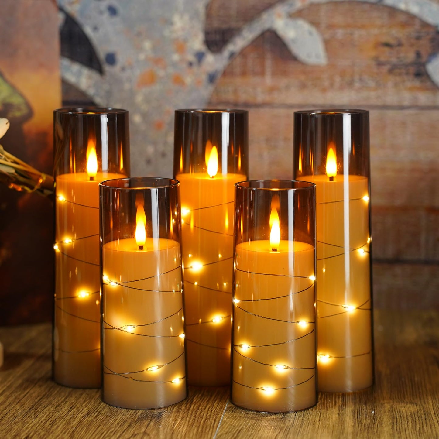 Eebuss Flameless Candles with Embedded Star String, Battery Operated LED Pillar Candles with Timer and Remote Control,Home Decorating for Ambiance, Set of 7(Grey)