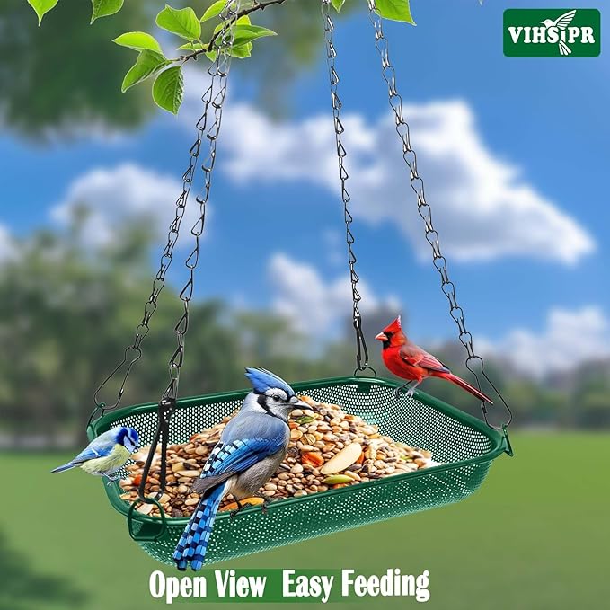 Hanging Bird Feeder for Outdoors – 12 x 8 in Rectangular Platform Bird Feeder, Metal Mesh Seed Tray for Wild Birds, Green