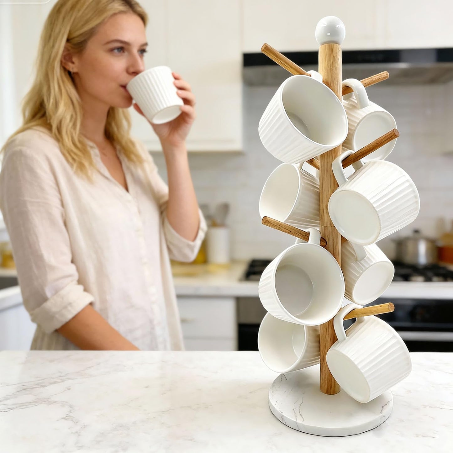 SNAIL GARDEN Screwed-in 8 Hooks Coffee Mug Holder, Marble Bas Mug Tree with Ceramic Handles, Wooden Coffee Cup Rack, Cup Stand for Counter Bar Accessories and Decor