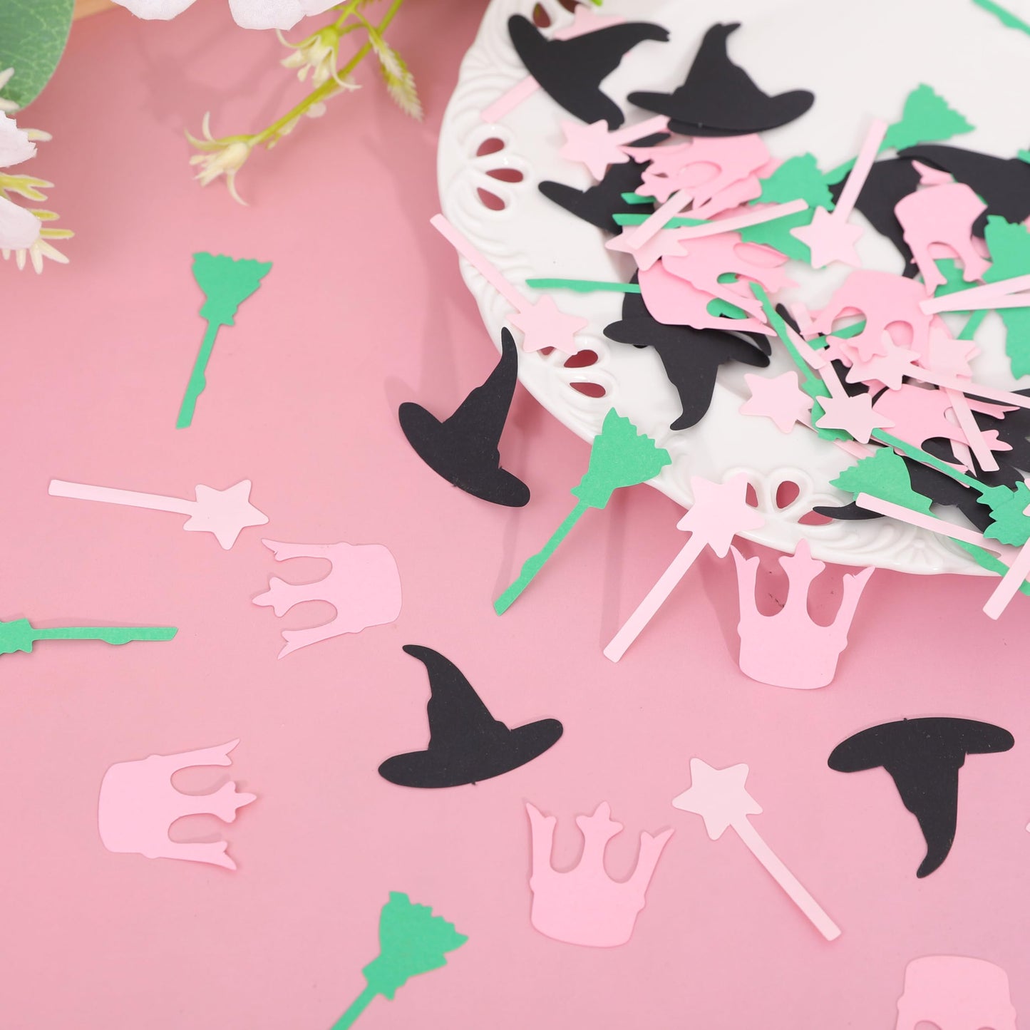 200Pcs Witch Themed Confetti - Magic Birthday Wedding Party Decorations,Pink Green Witches Table Centerpiece,Crown Broom Magic Wand Scatters Confetti,Good Bad Witch Party Photo Props