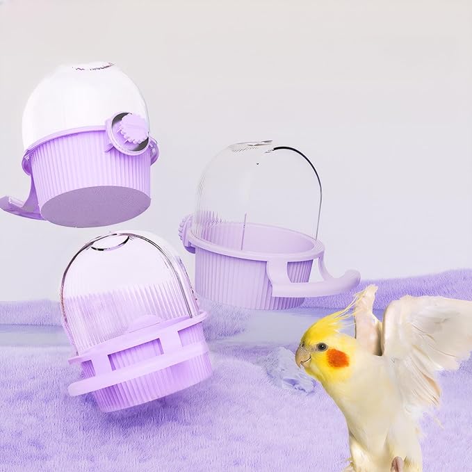 No Mess Bird Feeder for Cage, Parakeet Feeder with Easy Refill Top Hole, Semi Enclosed Dome Design for Food or Water, Prevents Seed Scatter, PC+ABS, Purple (6.5 x 4.9 x 5.4 in)