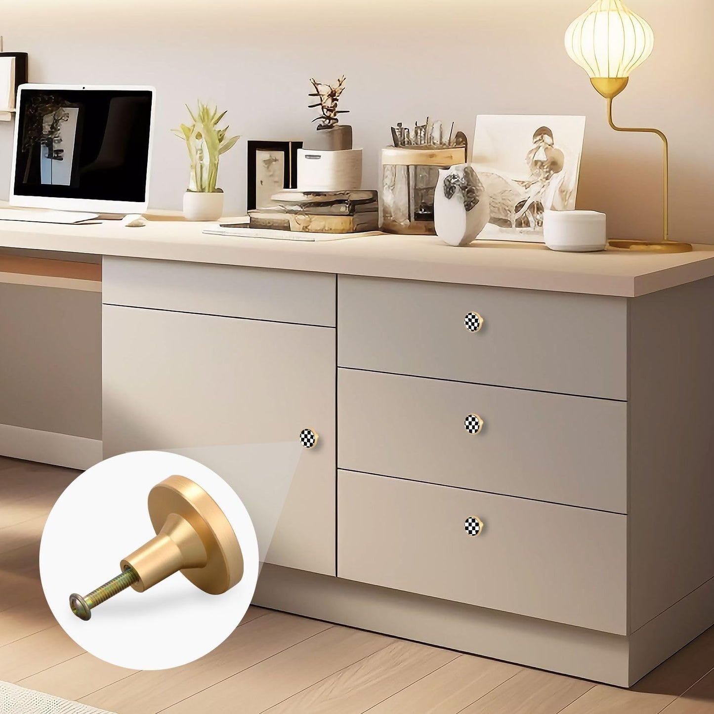 XDKDZIS Checkered Black White Grid 32mm Pull Handles for Cabinets Drawers 4 Pack Dresser Golden Metal Knobs