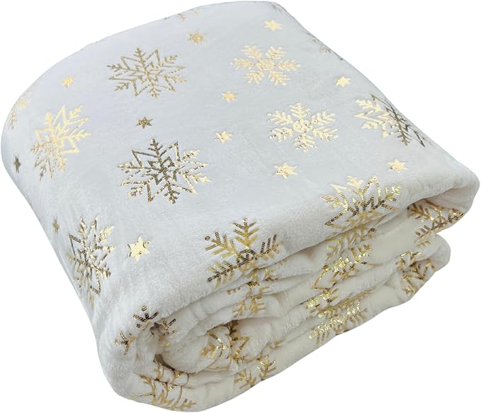 Winter Holiday Christmas Fleece Throw Blanket: Velvety Soft, Gold Snowflakes Stars Design, Durable Accent for Bed or Couch, Oversized 50 x 70 inches