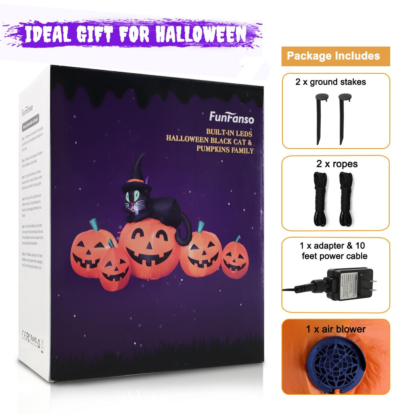 5FT Halloween Inflatable Pumpkin Outdoor Decoration, Lighted Blow Up Yard Decor, 5PCS Pumpkins with Witch’s Black Cat Built-in LED Lights for Balcony Home Holiday Party Lawn Patio Outside Events Prop