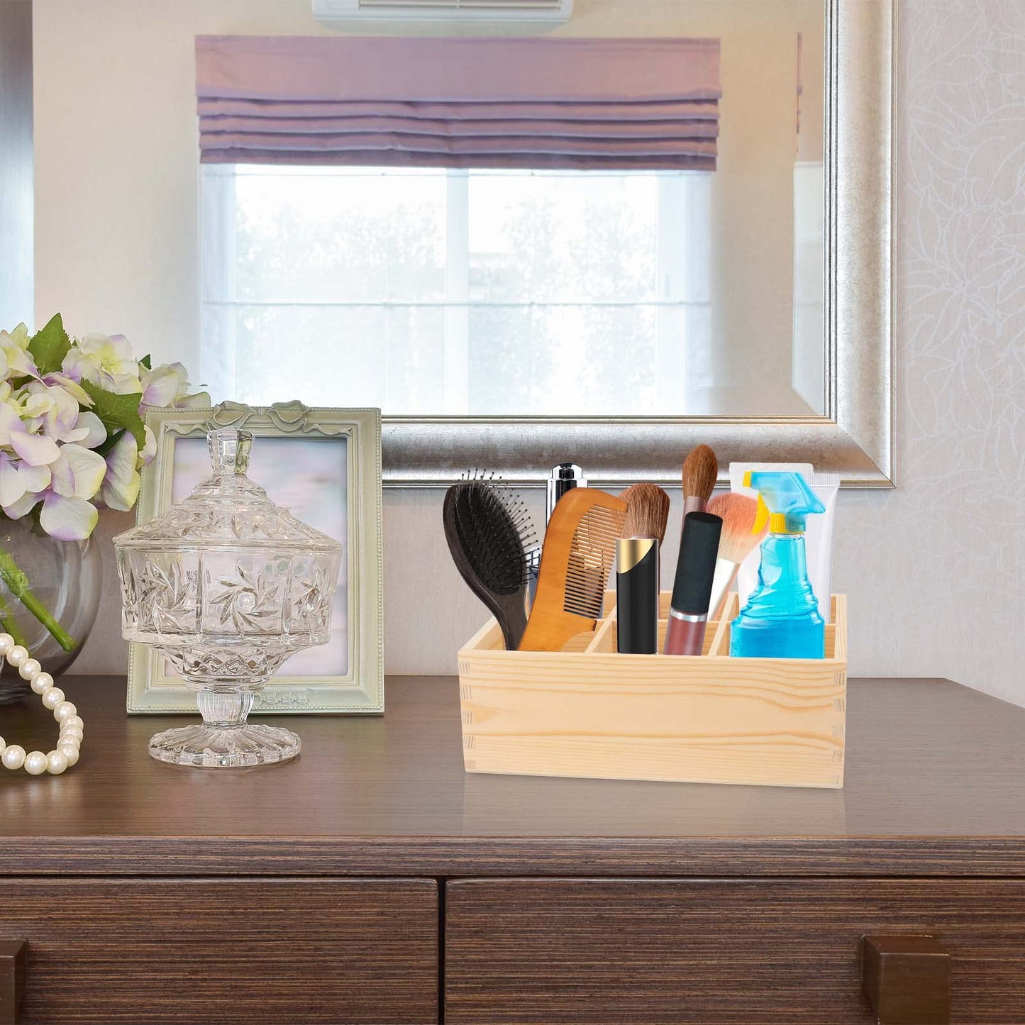 LepoHome Wood Pen Holder, Unfinished Wooden Remote Control Pencil Holder Caddy, Rustic Table Organizer with 6 Compartments for Art Supplies, Pen, Phones, Home, Office, School Desktop