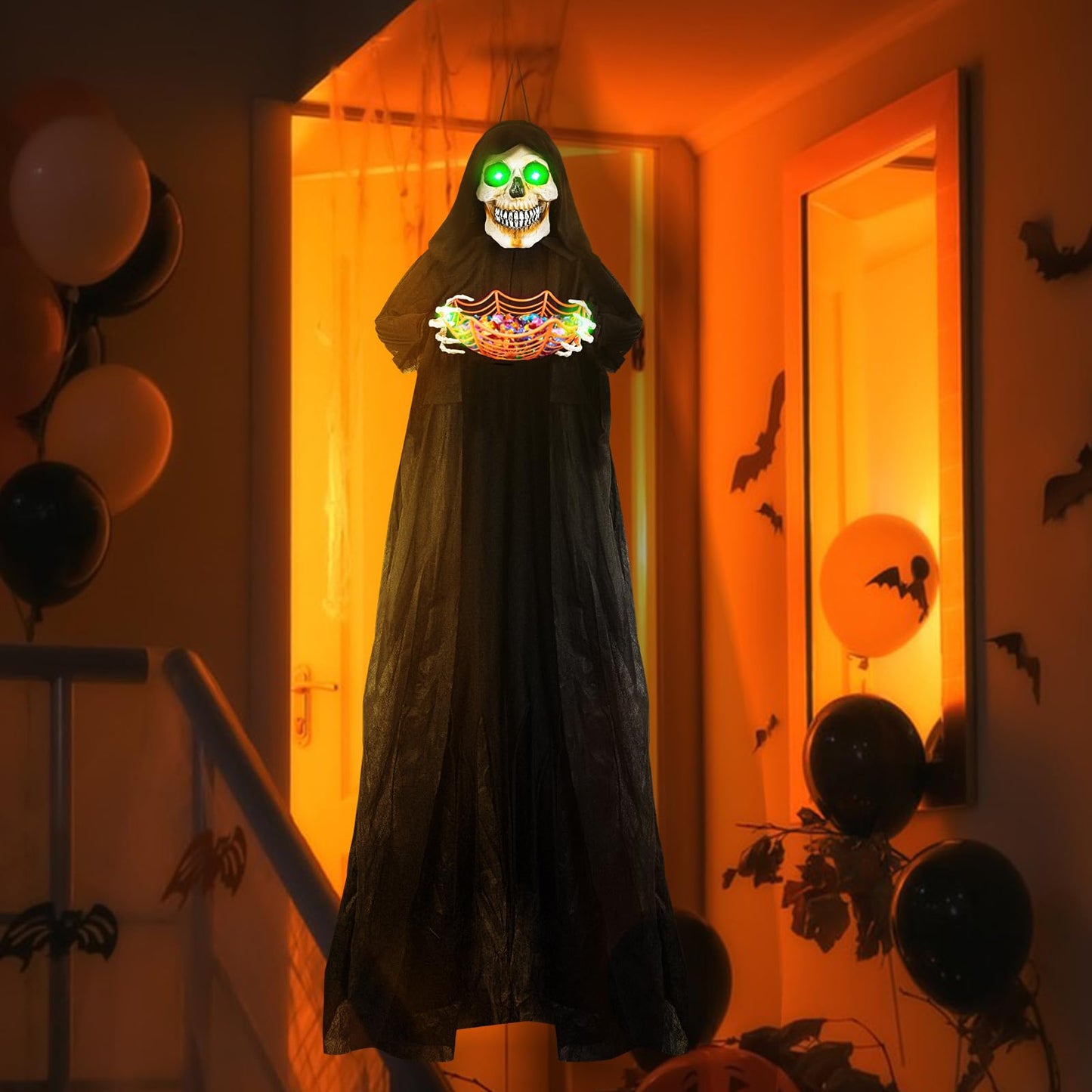 71” Halloween Hanging Animated Skeleton Ghost Decoration with Sound Activated, Candy Dish, Glowing Eyes, Spooky Sounds for Halloween Haunted House Prop and Party Decor, Indoor/Outdoor Display