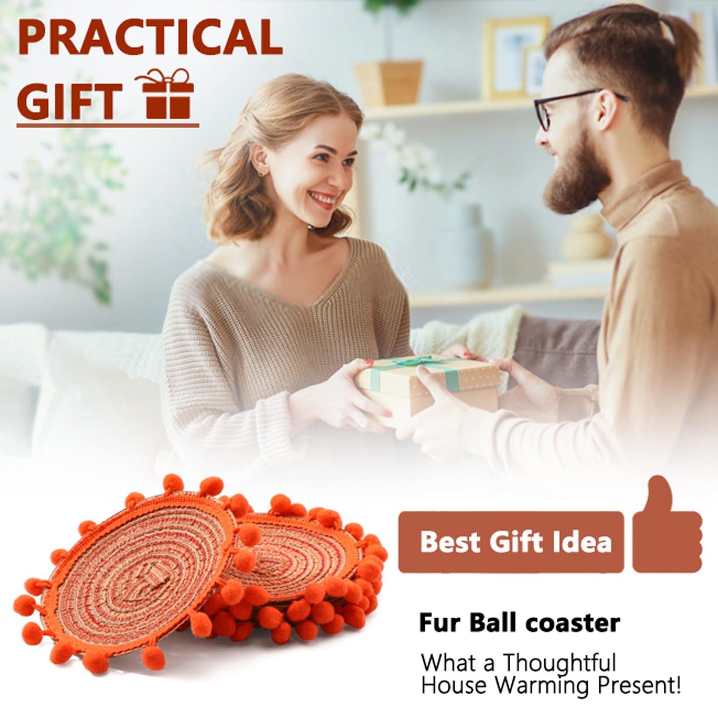 Drink Coaster Set of 6 Cotton Woven Coaster,Desktop Decoration Accessories Coasters, Table Coasters for Coffee Bar, 5.2 Inches (Orange)