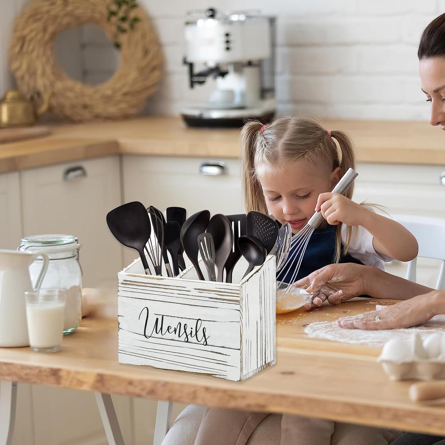 Pyzalar Utensil Holder with 2 Compartments, Utensil Caddy for Kitchen Counter, and Storage for Silverware Fork Spoon Spatula (White)