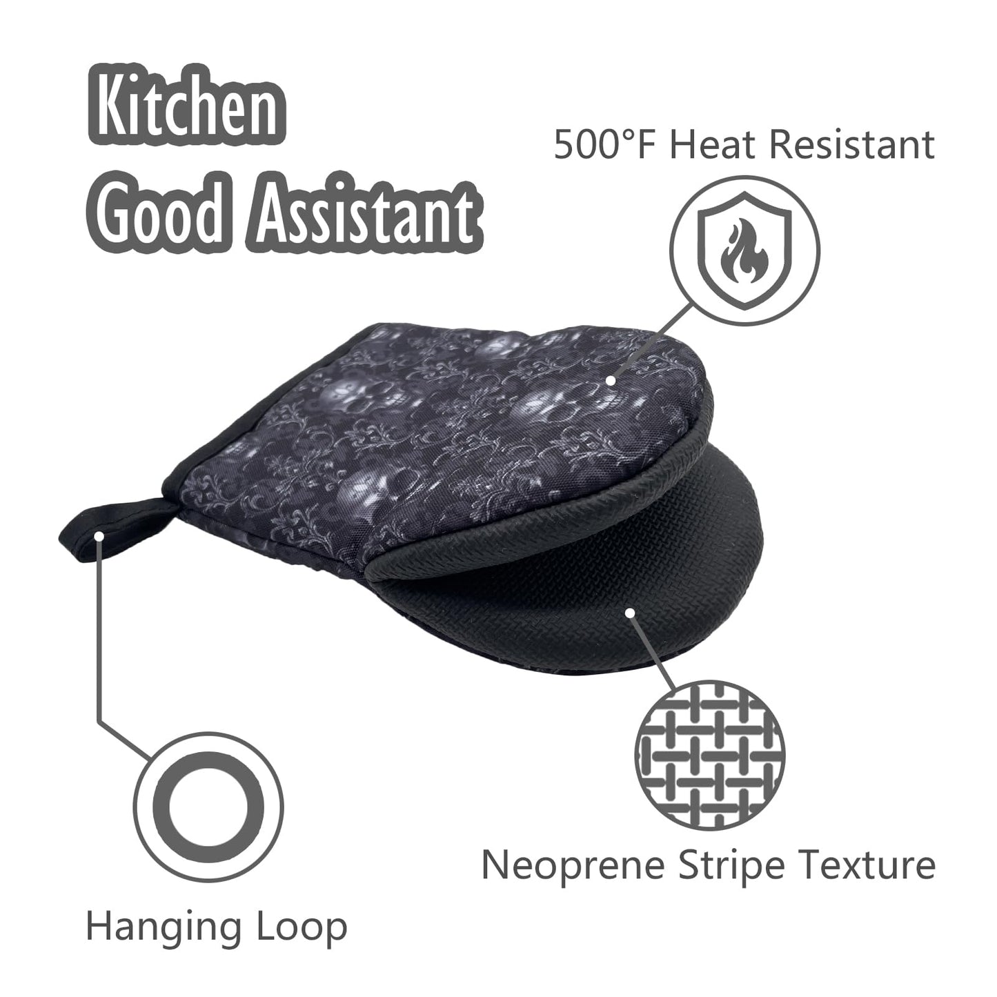 Black Gothic Skull Goth Skeleton Flower Mini Silicone Oven Mitts, Heat Slip Resistant Kitchen Gloves 2-Pack Set, Soft Short Small Oven Mittens Pot Holders for Baking Grilling Barbecue Microwave Gift