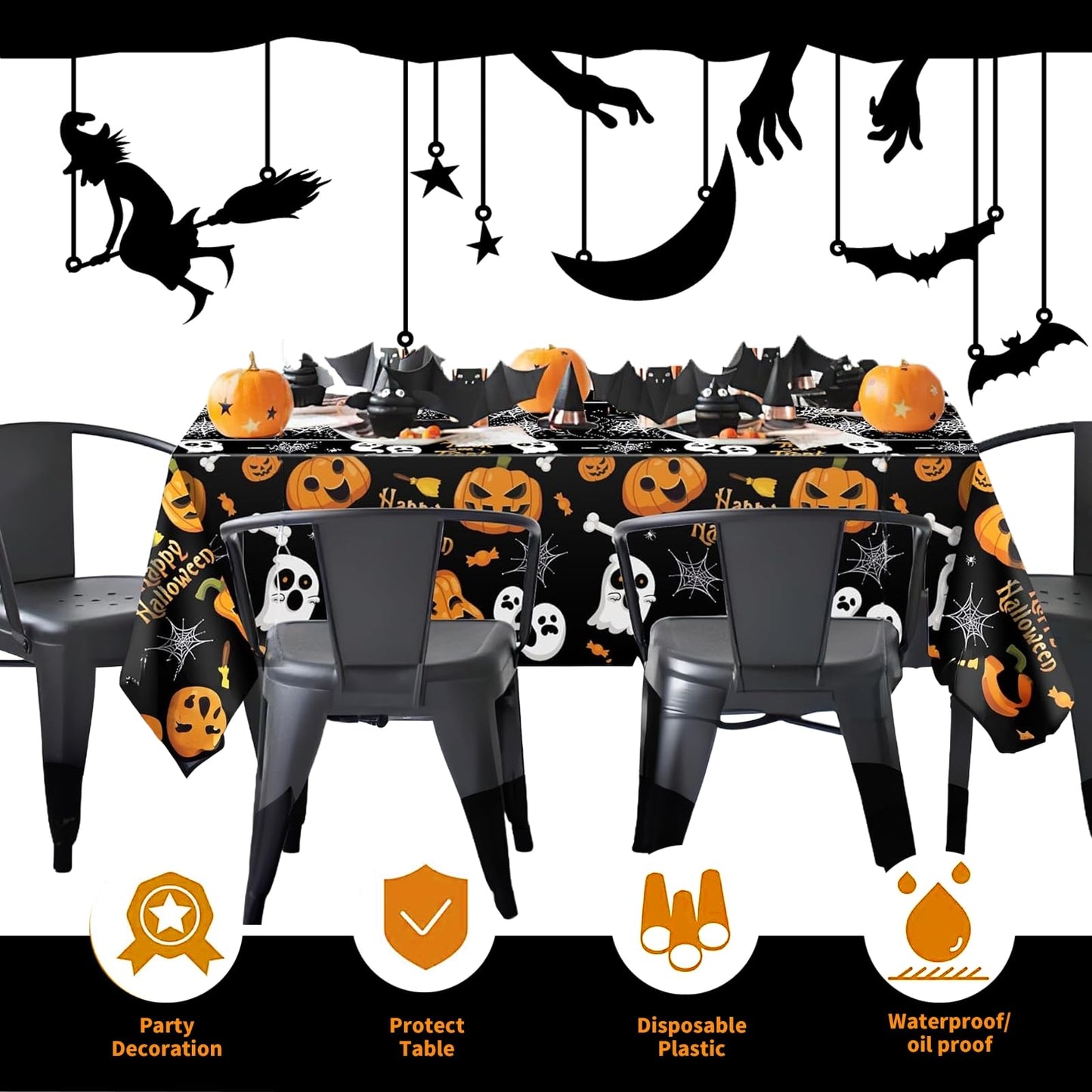 Pyrrhiax 4 Pcs 54 x 108 Inch Halloween Pumpkin Ghost Tablecloth, Rectangular Plastic Spider Web Table Cloth Large Size Halloween Table Covers for Home Decor Party Decorations