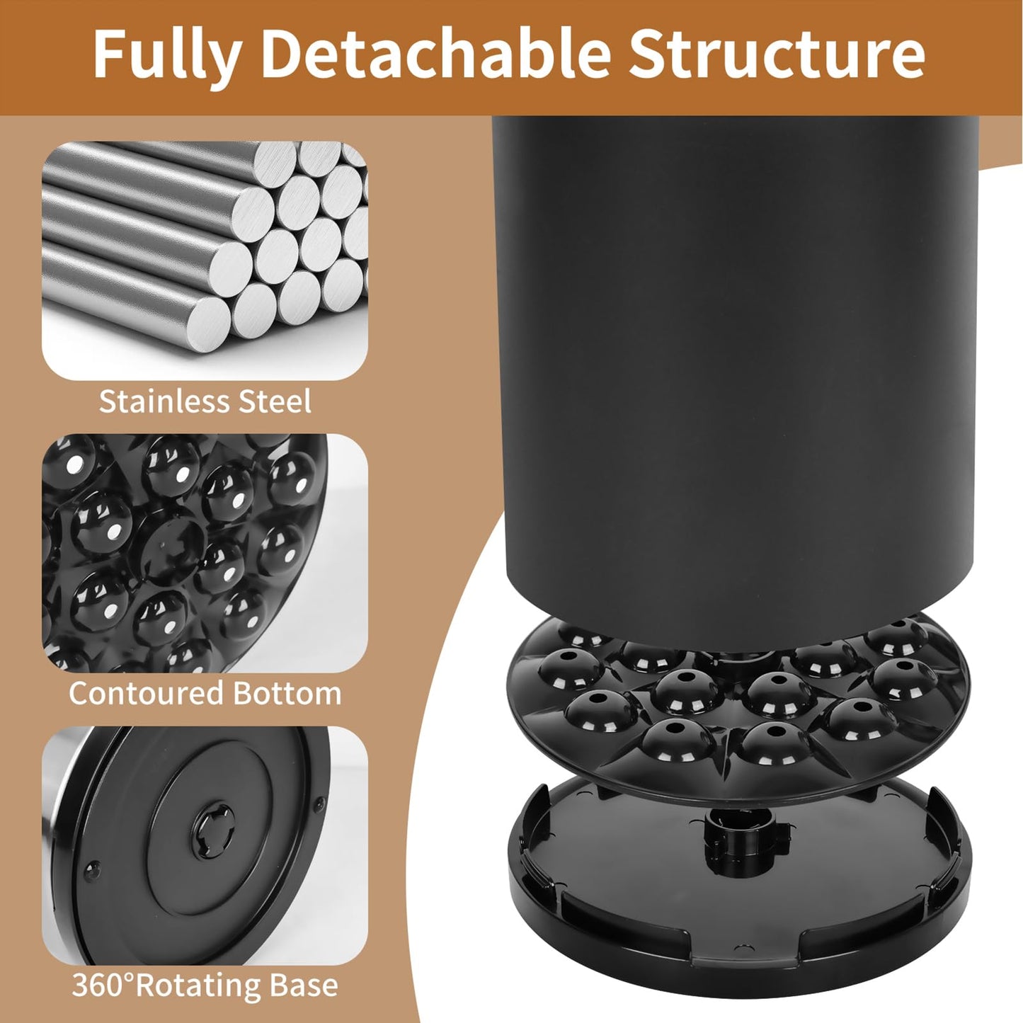 Nigelia Extra Large Kitchen Utensil Holder, 360° Rotating Stainless Steel Cooking Utensil Holder for Countertop, 3 Compartment Flatware Organizer & Cooking Caddy with Removable Base(Black)