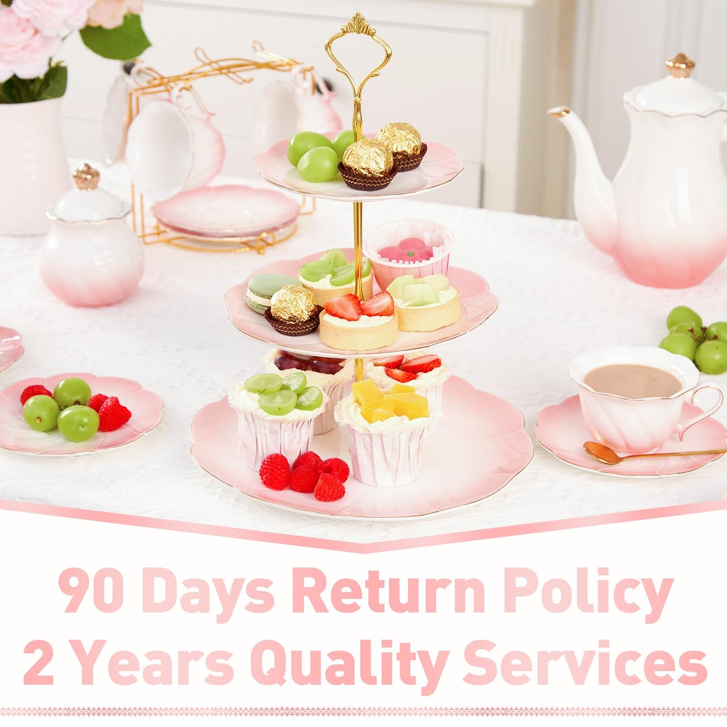 DUJUST Luxury Larger 3-Tier Cupcake Stand Tower, British Style Porcelain Serving Tray with Golden Trim, Food Grade Dessert Display Stand for Tea Party & Home Décor - 45% Gradient Pink Larger Plates