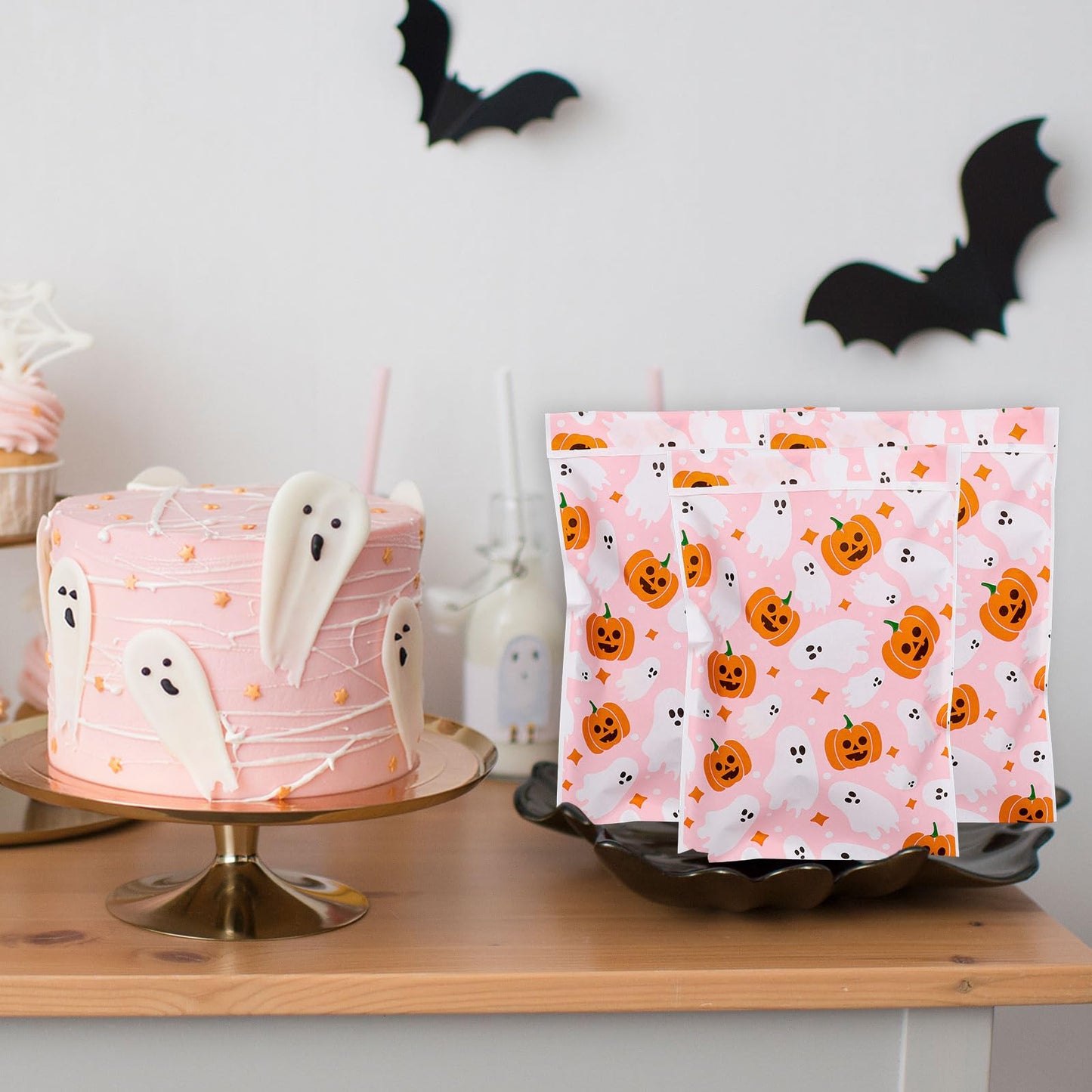 Whaline 100Pcs Halloween Treat Bags Self Adhesive Pink-Orange Ghost Pumpkin Candy Goodie Bag Cute Buffet Favor Bag for Trick or Treat Birthday Party Supplies