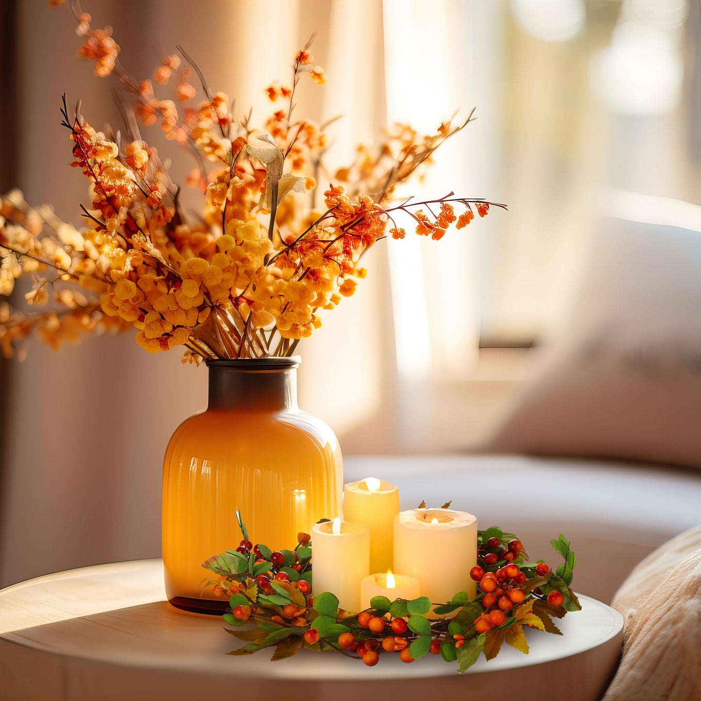 FineCheer 1 Pcs 12'' Outer Fall Thanksgiving Candle Rings Artificial Maple Leaves Berries Garland for Candlestick Autumn Wreath Candle Holders for Table Centerpiece Front Door Decor