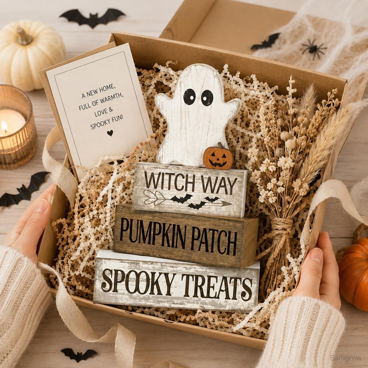 4 Pcs Halloween Table Decorations Wooden Ghost Tiered Tray Decor Farmhouse Rustic Block Signs Cute Pumpkin Tabletop Centerpiece for Home Office Mantel Kitchen Shelf