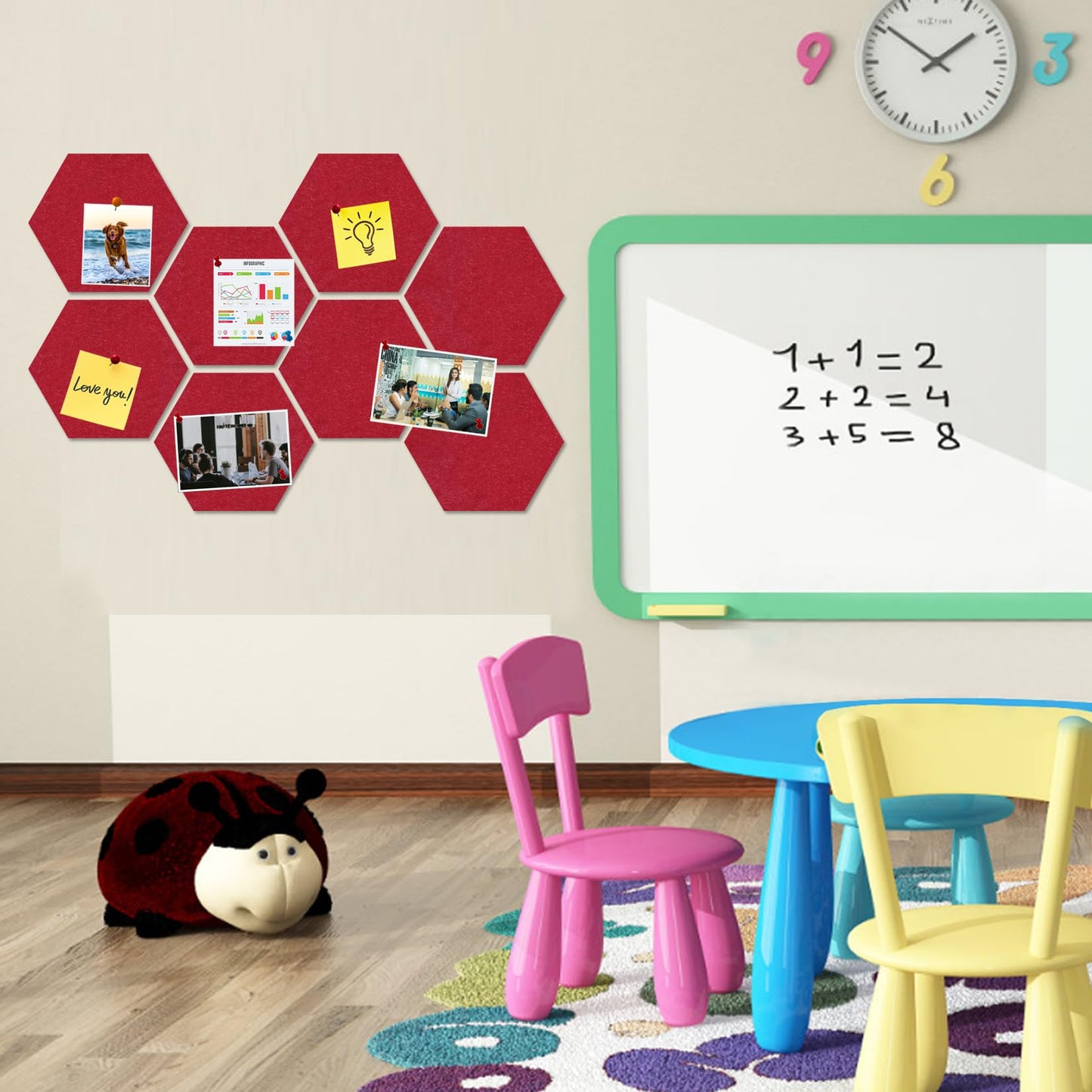 HULAVO Large Hexagon Felt Cork Board Tiles, Self Adhesive DIY Felt Bulletin Board Pin Board with 35 Pushpins for Office School Home Wall Decor Stickers Memos Photos Display(Red)