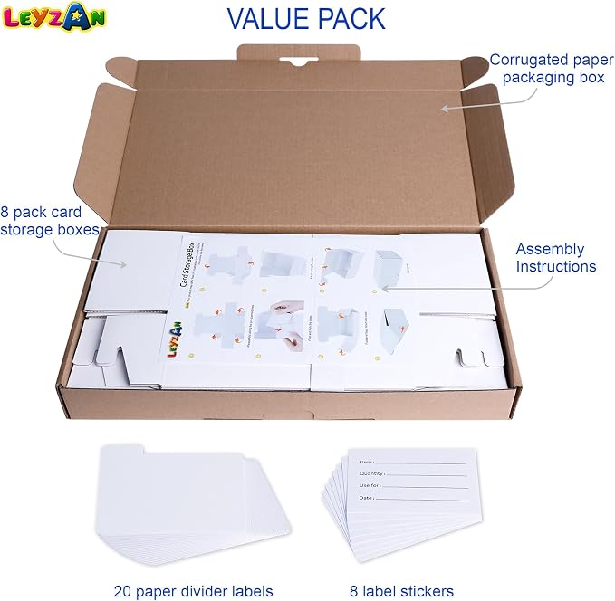Trading Card Storage Box for toploader, 8-Pack•100 Count Cardboard Top Loaders Storage Box with Dividers & Labels for TCG/Magic/Mtg Organizer and Collection, 7 INCH