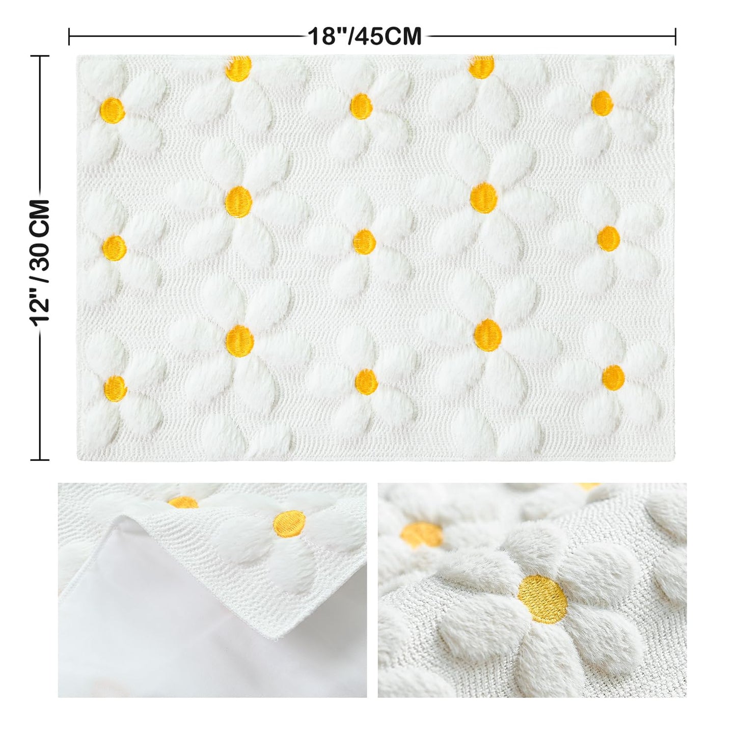 Artoid Mode White Daisy Embroidery Spring Placemats Set of 4, 12x18 Inch Soft Plush Faux Fur Wool Holiday Table Mats for Party Kitchen Dining Decoration