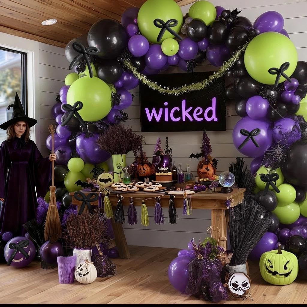 Black Purple Balloon Garland Arch Kit, Double Stuffed Purple Black Balloons Lime Green Lavender Balloon Arch for Wedding Birthday Baby Shower Gothic Wednesday Party Decorations