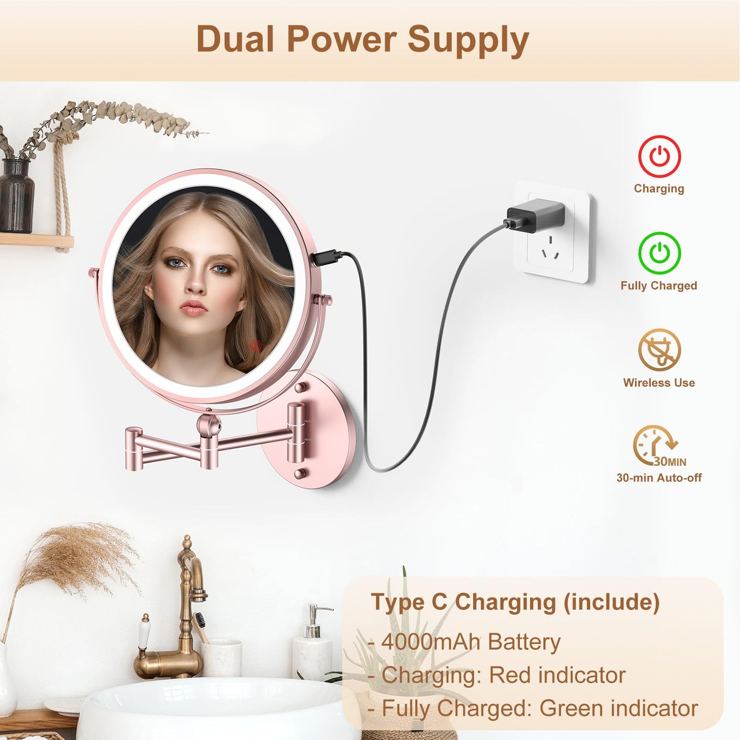 9" Wall Mounted Lighted Makeup Mirror,4000mAh Rechargeable Double Sided 1X/10X Magnifying Mirror with Light,Touch Dimmable,Extended Arm 360 Rotation Wall Mounted Makeup Mirror 3 Color Lights-Black
