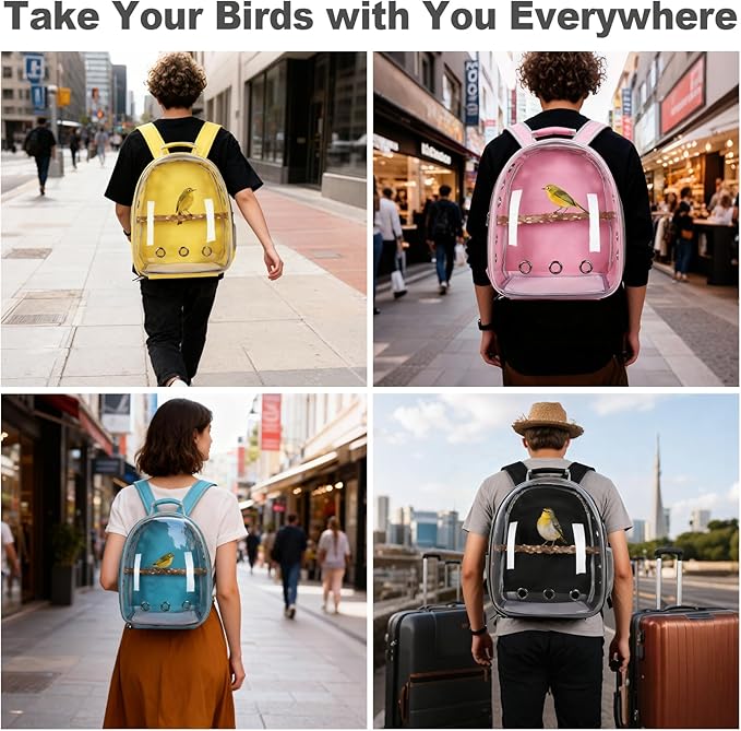 Bird Carrier Backpack with Wood Perch, Transparent Bird Travel Cage, Portable Pet Carrier Backpack, Breathable Hangbag for Vet Transport Camping Hiking (Purple)