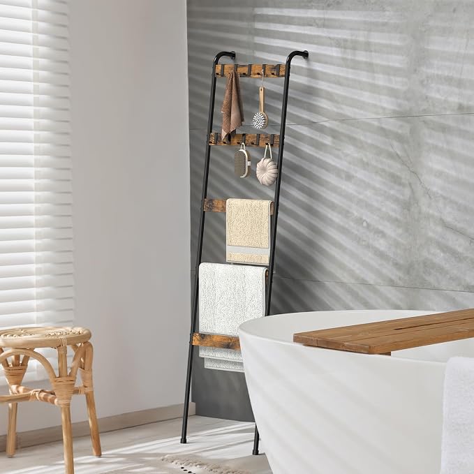 Blanket Ladder for Living Room Towel Ladder for Bathroom Decorative Quilt Rack for Home Decor 5-Tier Throw Blanket Holder with 10 Hooks, Rustic Brown and Black