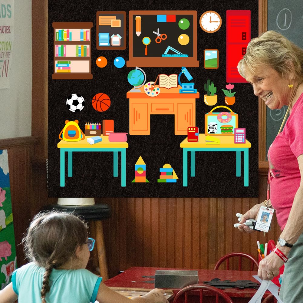 BEUNITONE 48 Pcs School Felt Story Boards Preschool Classroom Large Felt Story Pieces Set Flannel Board Stories for Preschool Activities Felt Story Board for Wall Early Learning Home Classroom Travle