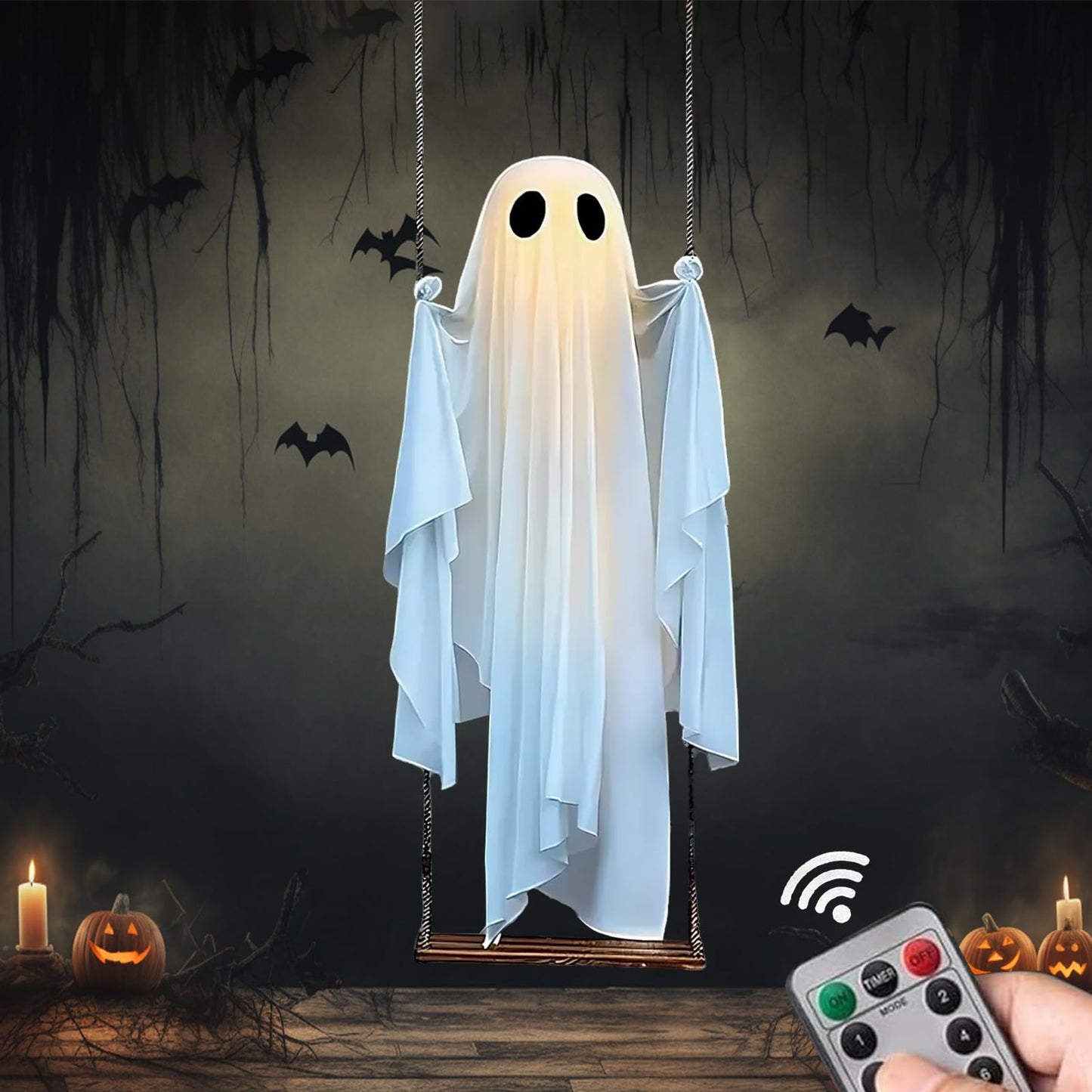 TitTees Halloween Decorations Outdoor, 5FT Large Hanging Ghost Swing with Remote Control String Lights, Spooky Cute Ghosts Decorations for Tree Porch Yard Garden Lawn