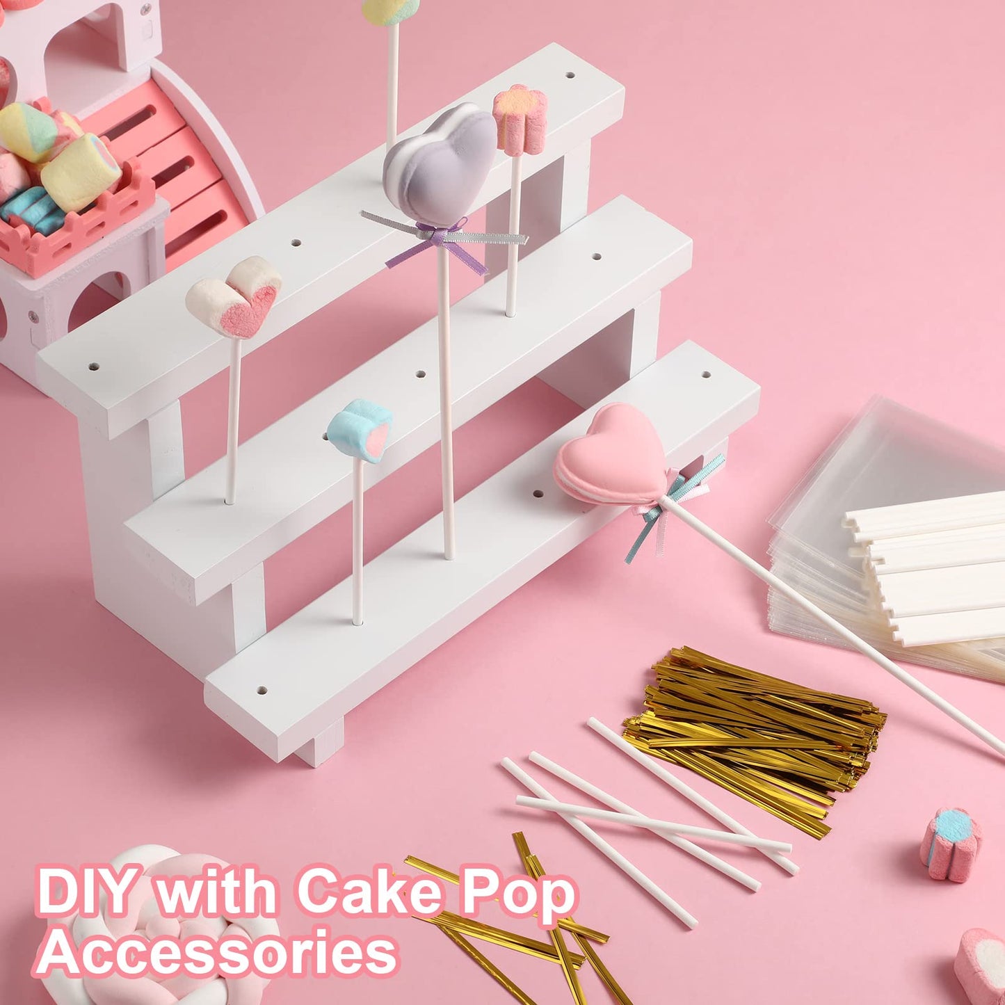 Tuanse 2 Pack Wooden Cake Pop Stand 3 Tier Cake Pop & Lollipop Display Holder with 100 Treat Bags Lollipop Sticks and Gold Twist Ties for Dessert Table Wedding Baby Shower Birthday Party(Wood)