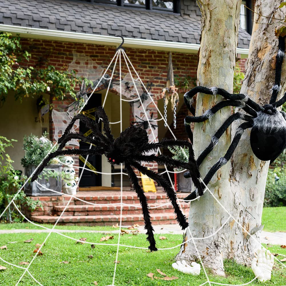 UMEELR Halloween Decorations Outdoor, 200" Web & 50" Giant Spider, Scary Fake Spider with Triangular Huge Web for Yard Lawn Haunted House Decor