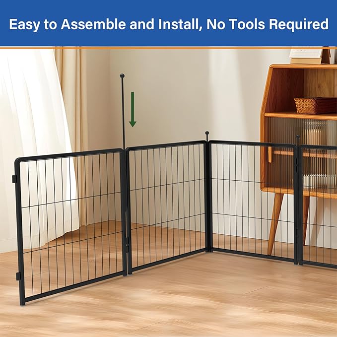 Dog Playpen Add-on 42 inch 4 Panels for Indoor & Outdoor Use – Heavy-Duty Metal Pet Fence with Ground Stakes, Rounded Ball Tops for Safety, Stable & Foldable Design, Easy to Assemble