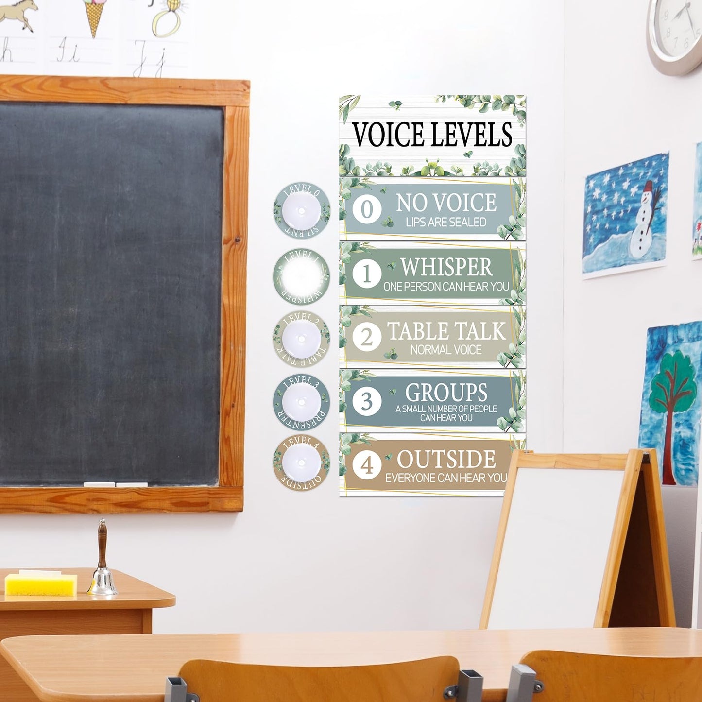 5 Pcs School Push Light and Voice Level Poster Voice Level Chart Monitor Rules Sign LED Tap Light Classroom Rules Poster Noise Chart Classroom Management Tools for Teachers(Eucalyptus Style)