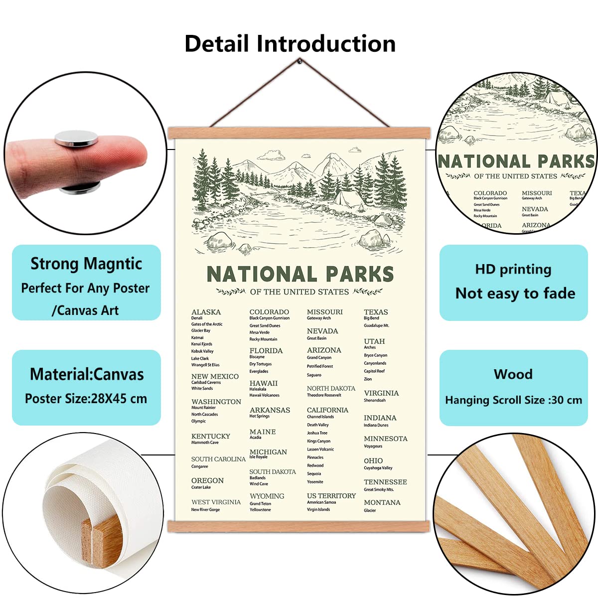 KAIRNE US National Park Checklist Poster,Park Posters for Travel Sign With Wooden Hanging Framed(28CMx46CM),Inspirational Rustic Decor,National Park Map Posters Gift for Hiker or National Park Lover