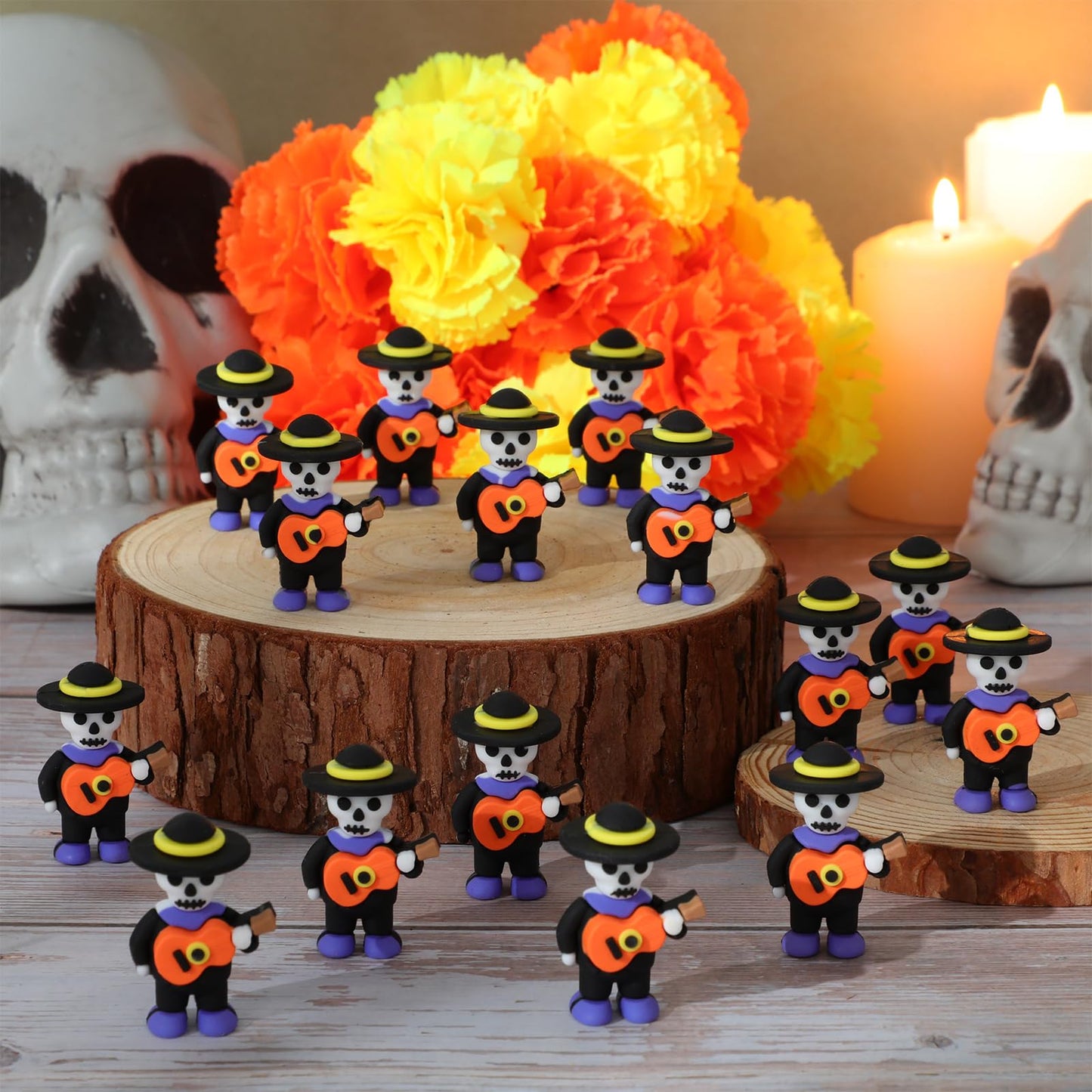 VioraWhite 50 Pcs Halloween Day of The Dead Mini Figurines Little Día De Muertos Figures Mariachi Band Mini Skeleton Skull Statue for Hide and Seek Props Window Desk Kitchen Decorations Party Gifts