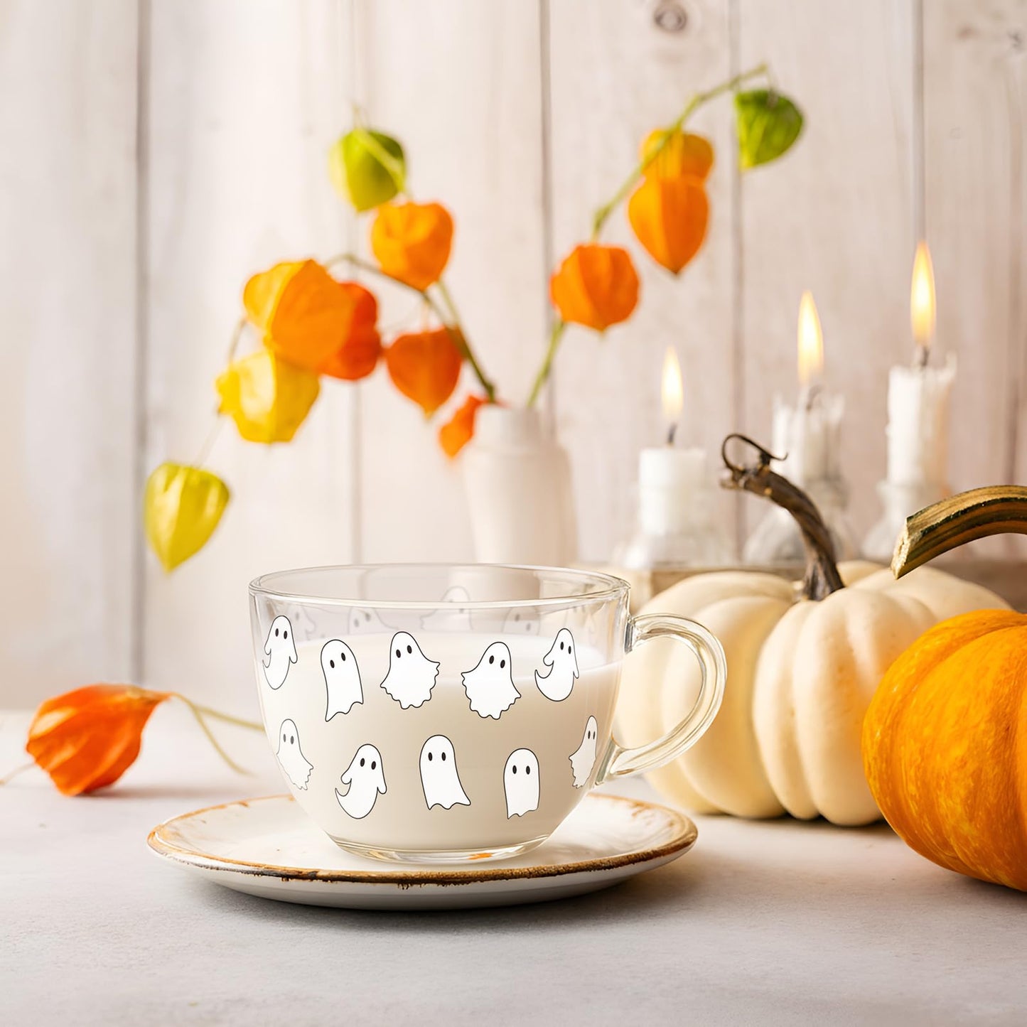 Sliner 6 Pcs Halloween Glass Coffee Mugs with Handle, 16 oz Clear Irish Coffee Mugs Halloween Ghost Footed Irish Glasses Cups for Beverages Latte Hot Chocolate(Ghost)