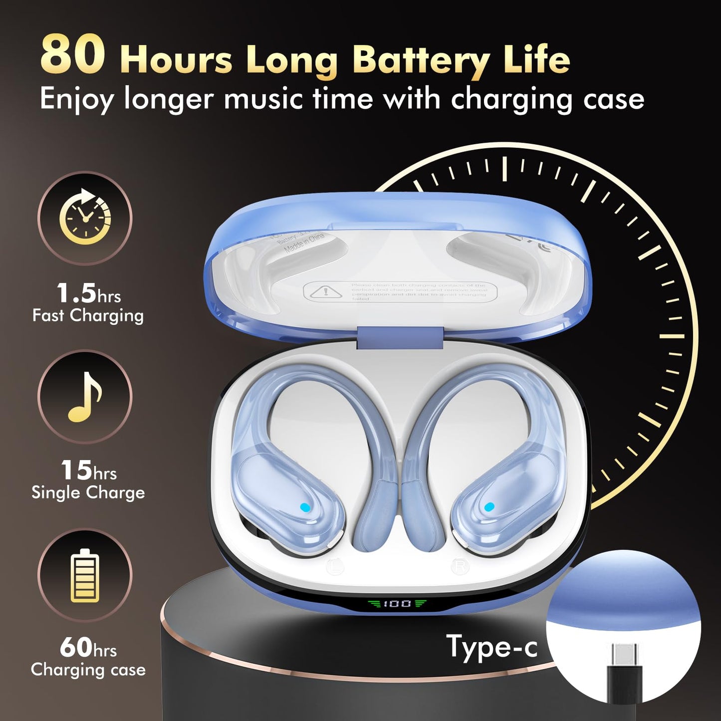 HAOYUYAN Wireless Earbuds, Bluetooth Headphones, Ear Buds with 80hr Playtime, LED Power Display, Noise Canceling, LED Power Display, IPX7 Waterproof Earphones for Gym/Workout/Sport(Blue)