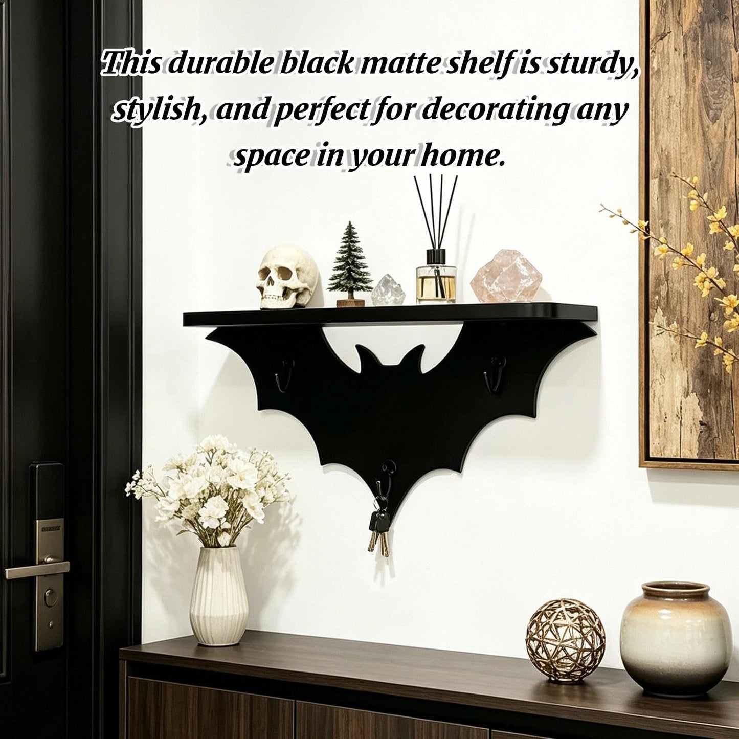 Zoonlinpp Bat Shelf Floating Shelves for Wall Halloween Gothic Room Decor for Bedroom Kitchen Livingroom Wall Shelf with 3 Key Hooks