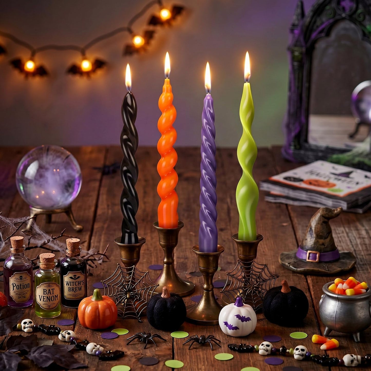 Nuanchu 4 Pcs Twisted Taper Candles Wax Unscented Smokeless Spiral Swirl Candlesticks for Wedding Holiday Dinner Party Home Decorations(7.87 Inch,Pure,Halloween Purple)