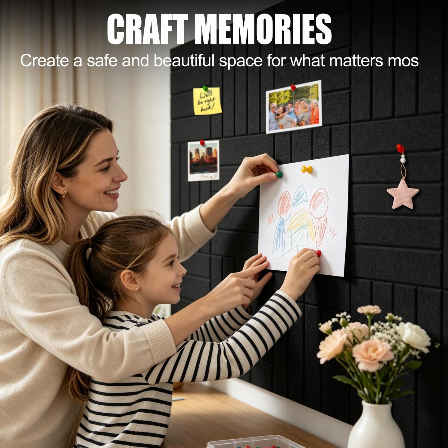 Sesiyoiu 12-Pack Felt Bulletin Board, 47.2" x 35.4" Large Cork Board Alternative for Walls Decor, with 60 Pushpins, 70 Damage-Free, Thick Pin Board for Office, Home, Classroom - Black