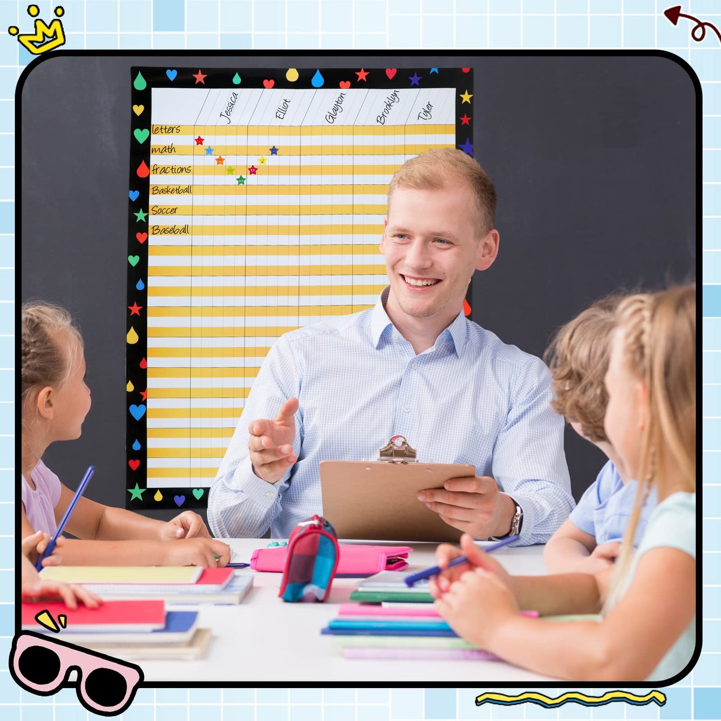 Ctosree 12 Pcs 17"x 22" Incentive Chart Multicolor Laminated Dry Erase Reward Chores Chart with 5 Pcs Reward Sticker(Novelty Style,Black Background)
